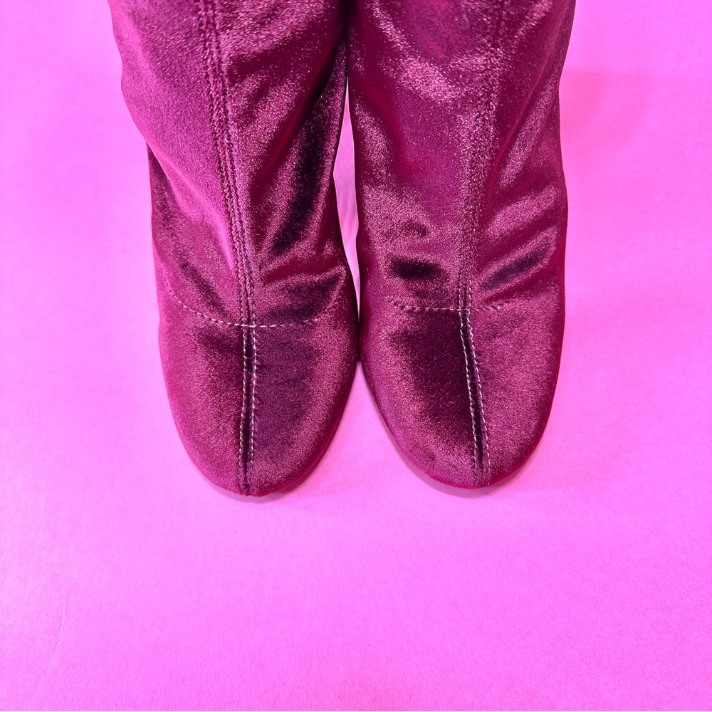 Velvet Block Heel Ankle Boots in Deep Burgundy - Picture 4 of 7